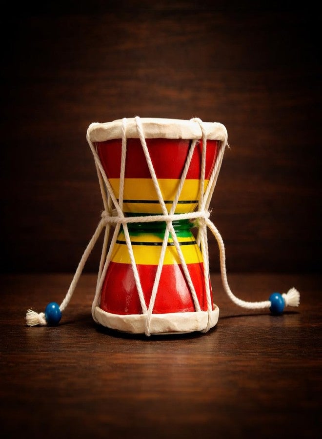 HuBBeR Traditional Indian Damru Hand Percussion Instrument, Handmade Musical Drum with Rope Design, Red and Yellow, Decorative Kids Toy (Medium) - Image 1